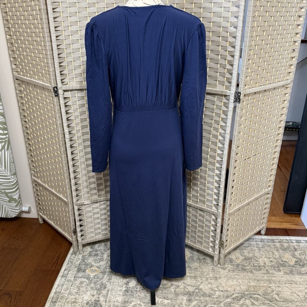 Quince V-neck Long Sleeve Midi Dress Size L Navy Soft Tensel Knit Pockets NEW - Picture 3 of 10
